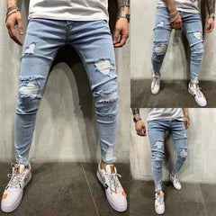 Slim Ripped Jeans Distressed Pants for Men Hip Hop Knee Hole High Street Pants