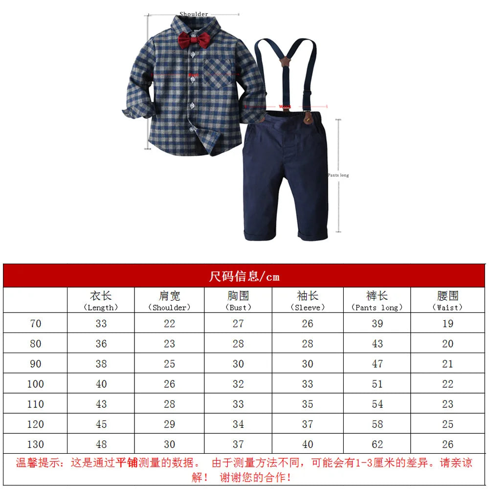 Children's Plaid Shirt and strap pants set for Boys with Bow Tie baby boy clothes 0 to 3Y Autumn Boys Clothes 70-130cm