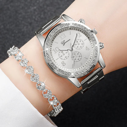 2PCS Women's Watch Fashion Rhinestone Ladies Analog Quartz Watches Bracelet Set Reloj Mujer Girls Clock Gift