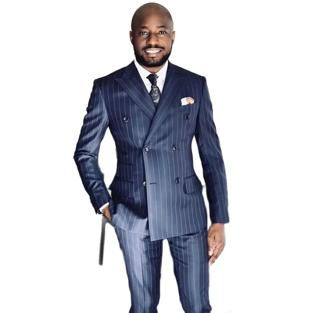 Stripe Suits for Men Elegant Full Set Blazer Blue Costume Homme Double Breasted Elegant Wedding Male Clothing 2 Pcs Jacket Pants