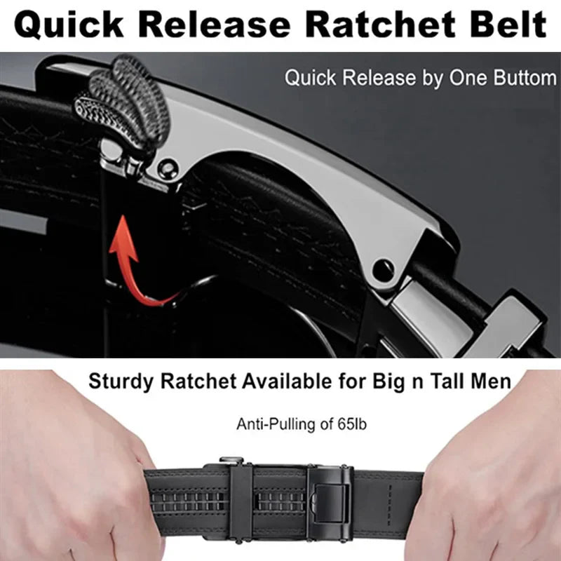 Men Genuine Leather Belt Simple Buckle Design Automatic Ratchet Belt Adjustable Belt