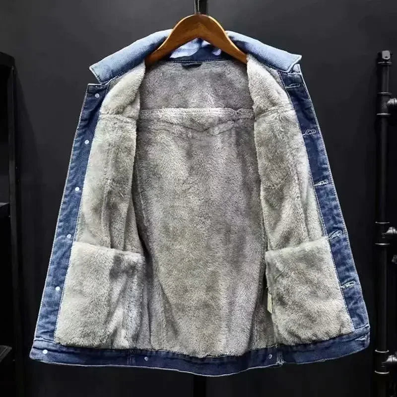 Denim Jackets Man Black Jeans Coat for Men Padded Wool with Sheep Button