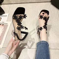 Summer Women Sandals Pvc Crystal Flower Decoration Chunky Heel Peep Toe