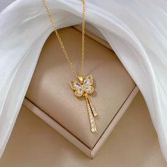 Classic Charming Romantic White Tassel Butterfly Necklace Fashionable Micro-inlaid