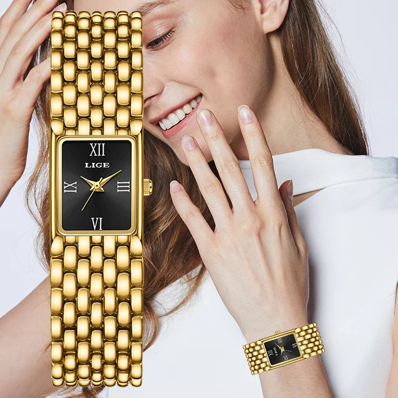 LIGE 2025 Fashion New Gold Women's Watch Luxury Quartz Watch Stainless Steel Bracelet Retro 30M Waterproof Watches Women reloj