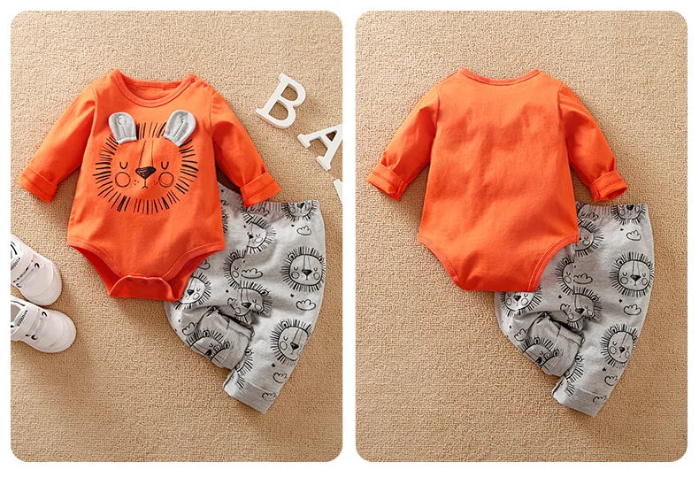 Animal - Orange lion print long sleeve with pants cotton fashion set，0-18 months Newborn Baby boy Spring and Autumn Round Neck
