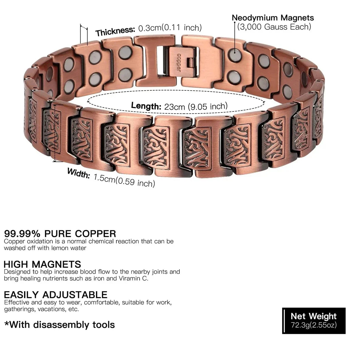 ARADOO Copper Bracelet for Men Pure Copper Neodymium Magnetic Link Bracelets Jewelry Gift