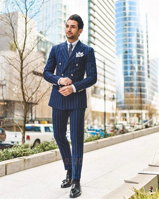 Formal Navy Blue Suits Double Breasted Pinstripe Peak Lapel Design 2 Piece Jacket