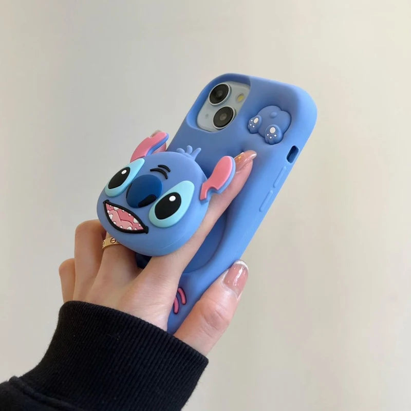 For iPhone 14 Plus 15 Pro Max 11 12 Pro 13 Pro X XS Max XR SE 7 8 Plus Cute Stitch Head Grip Tok Holder Silicon Soft Phone Case