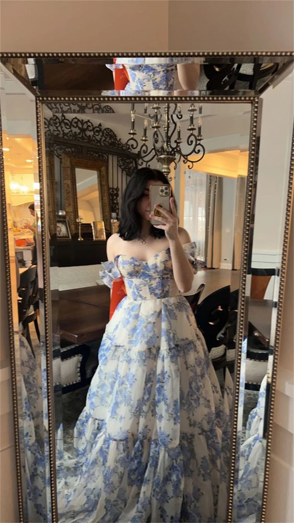 Homecoming Dresses: Blue And White Puffy Sleeve A-line Prom Dress