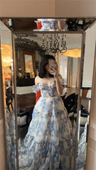 Blue And White Porcelain Vestidos De Noche Puffy Sleeve A-line Prom Dress