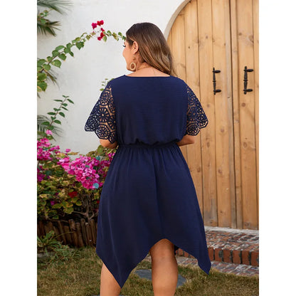 Plus Size Solid V-Necked Women Dresses Short Hollowed Sleeves A-Line Bohemia Robe Waist Belt Casual Female Vacation Clothing