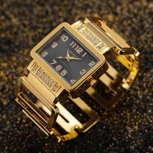 Cansnow Rectangle Ladies Wristwatch Gold Silver Bangle Watches for Women Rhinestone Hollow Steel Quartz Female FashionClock