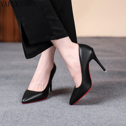 Sexy Red Sole Thin Heel High Heels Classic Style Black Office Work Shoes Patent Leather Matte Leather Lady Pumps Plus Size 42 43