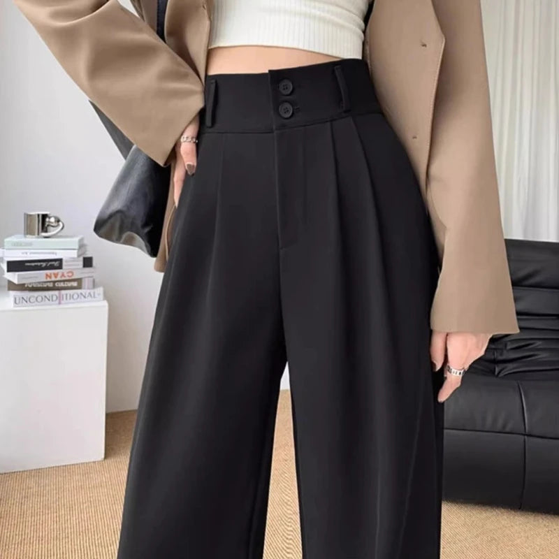 Women’s Wide Leg Pants Women Korean Style High Waist Black Trouser Office Ladies