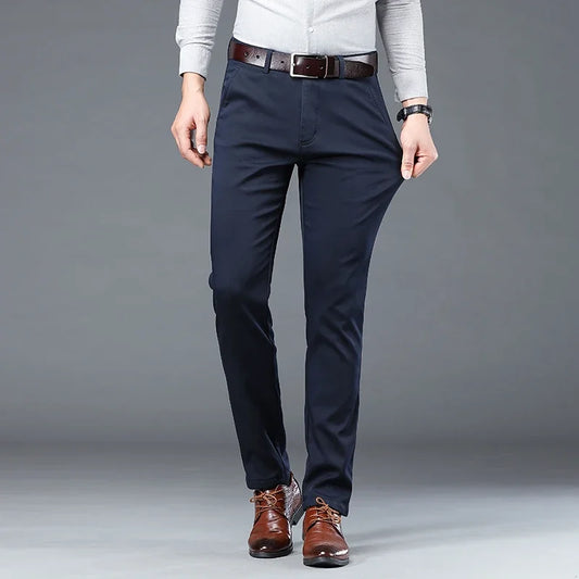 Men's Warm Casual Pants Business Fashion Fleece Thick Trousers Office Stretch Pants