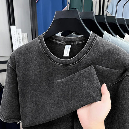 American Style Retro Heavyweight Solid Color Short Sleeved T-shirt Men Women Summer Street Trendy Washed Old Oversized Clothes