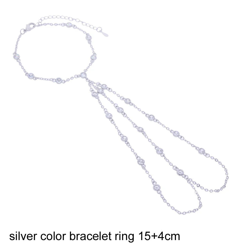 2025 New Geometric Marquise Cubic Zirconia CZ Paved Double Wrist Hand Chain Bracelet Simple Fashion Women Finger Slave Jewelry