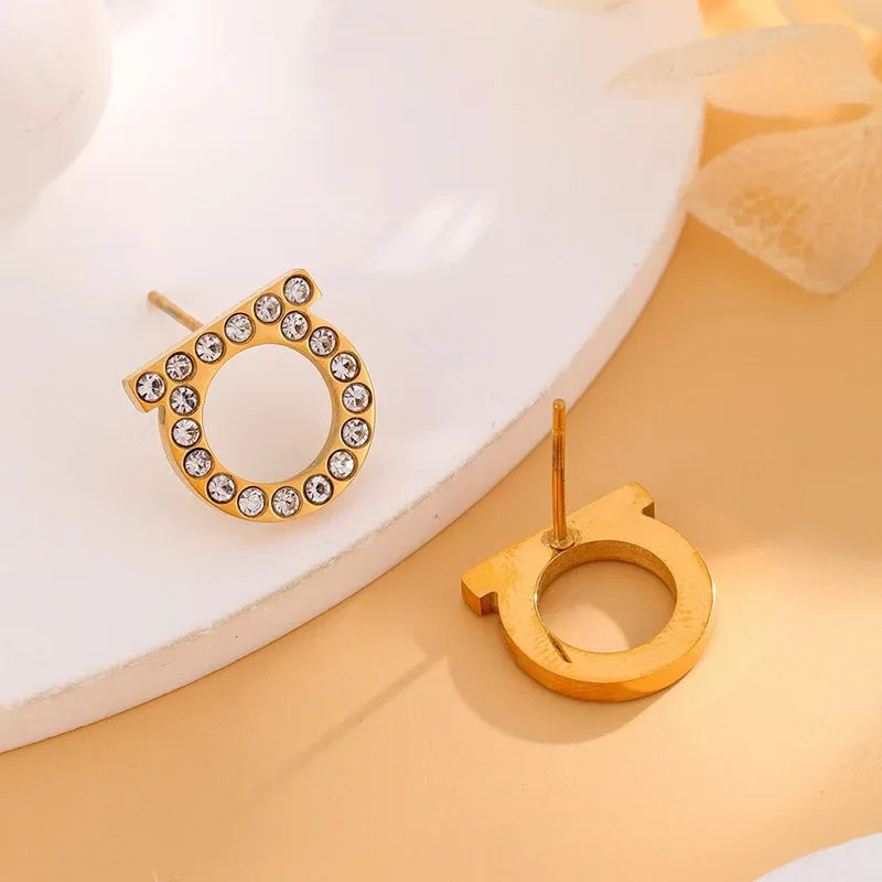 EVISPOL 2Pcs of Simple and Luxurious D-shaped Stainless Steel Stud Eearrings Inlaid Sparkling Cubic Zircon Ear Piering Jewelry