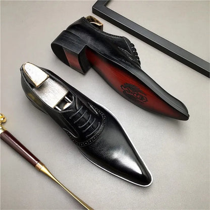 HKDQ Genuine Leather Men Dress Shoes Fashion Brogue Fashion Wedding Pointed Toe Lace Up Business Shoes Formal Black Party Shoe