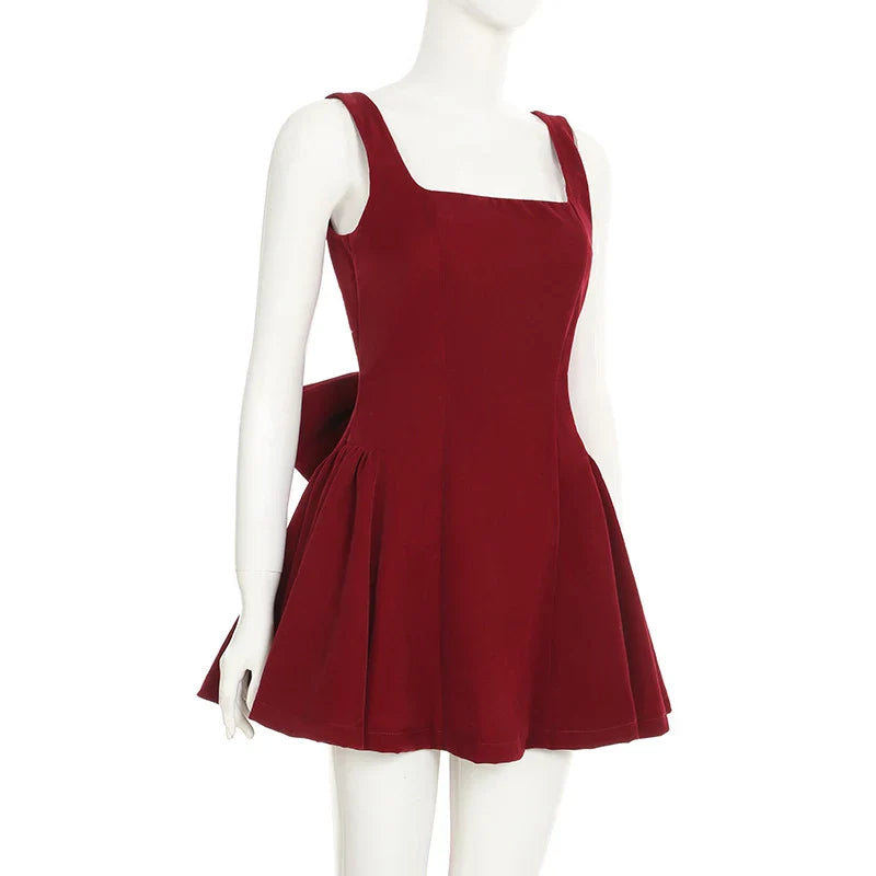 BKLD Fashion Red Bowknot Mini Dress Straps Square Collar Sleeveless Backless Vintage Cute Ladies Slim Party Short A-line Dresses