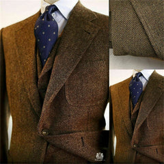 Men's Suit Brown Herringbone Pattern 3-piece Formal Jacket Pants Vest Business