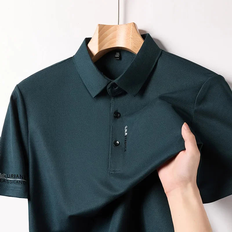 New Men's Business Casual Short Sleeved Shirt with Badge Solid Color Polo Shirt Fashionable Breathable Comfortable Versatile Top