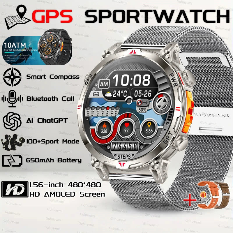 2025New Military GPS Sport Smartwatch Men 650mAh AMOLED Screen Compass Altimeter 10ATM Waterproof Heart Rate Wireless Call Clock