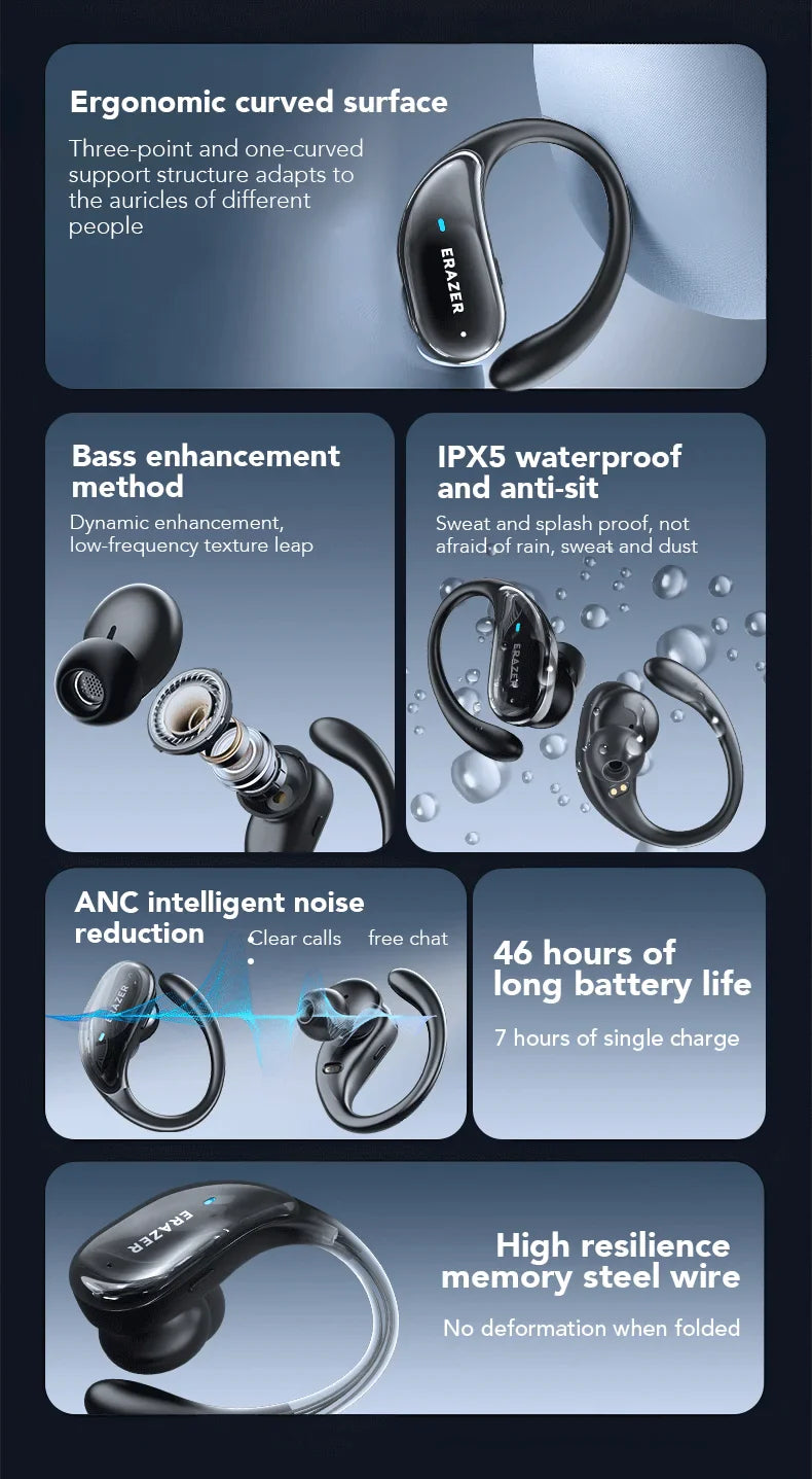 ERAZER XT80 Sports Wireless Headphones with Mics, Button Control, LED Power Display,Hifi Stereo Sound