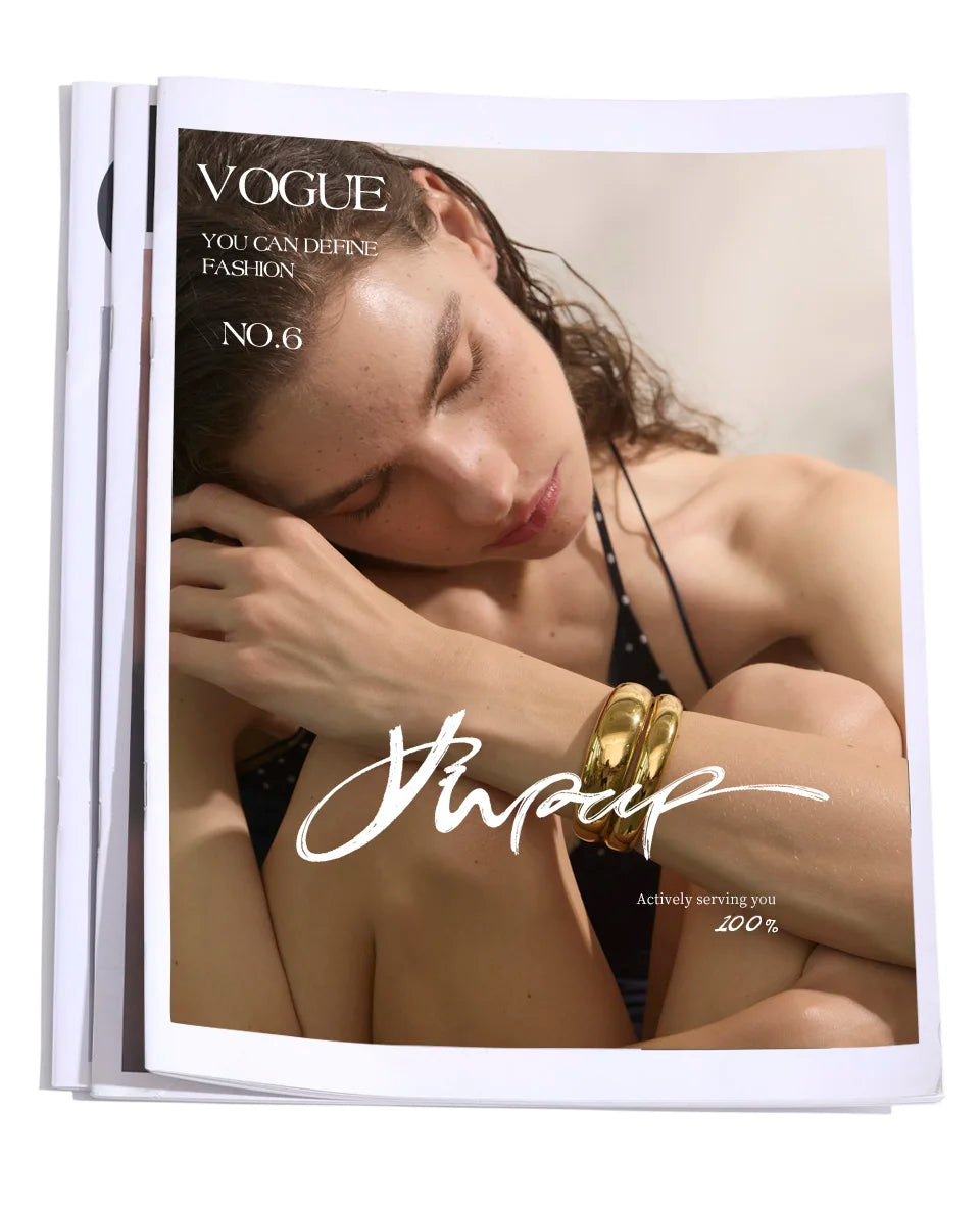 Yhpup 18K Golden PVD Plated Stainless Steel Double Layer Cuff Statement Bracelet Bangle Smooth Metal Texture Attractive Jewelry