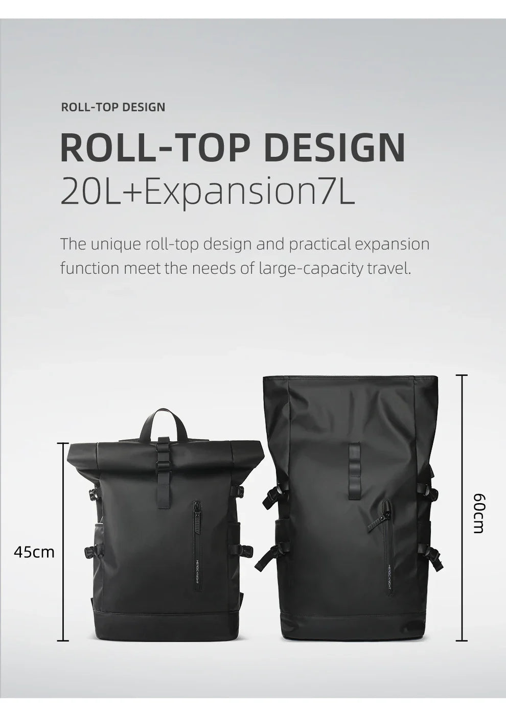 Heroic Knight Men's backpack Waterproof Roll Top Backpack Women Travel Expandable USB Charging Large Capacity Laptop Bag Mochila