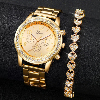 2PCS Women's Watch Fashion Rhinestone Ladies Analog Quartz Watches Bracelet Set Reloj Mujer Girls Clock Gift