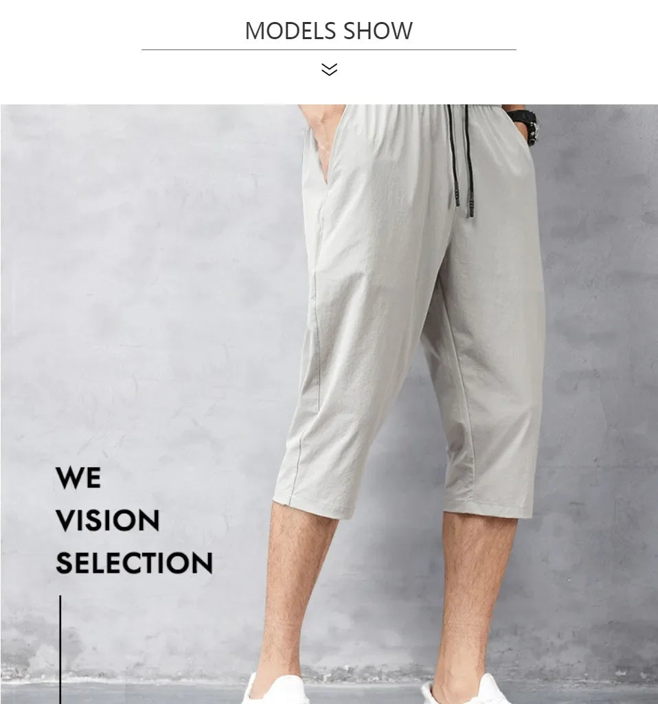 3/4 Length Men's Shorts Quick Drying Ice Silk Summer Breeches Male Long Calf Bermuda Board Beach Elastic Big Size Nylon Stretch