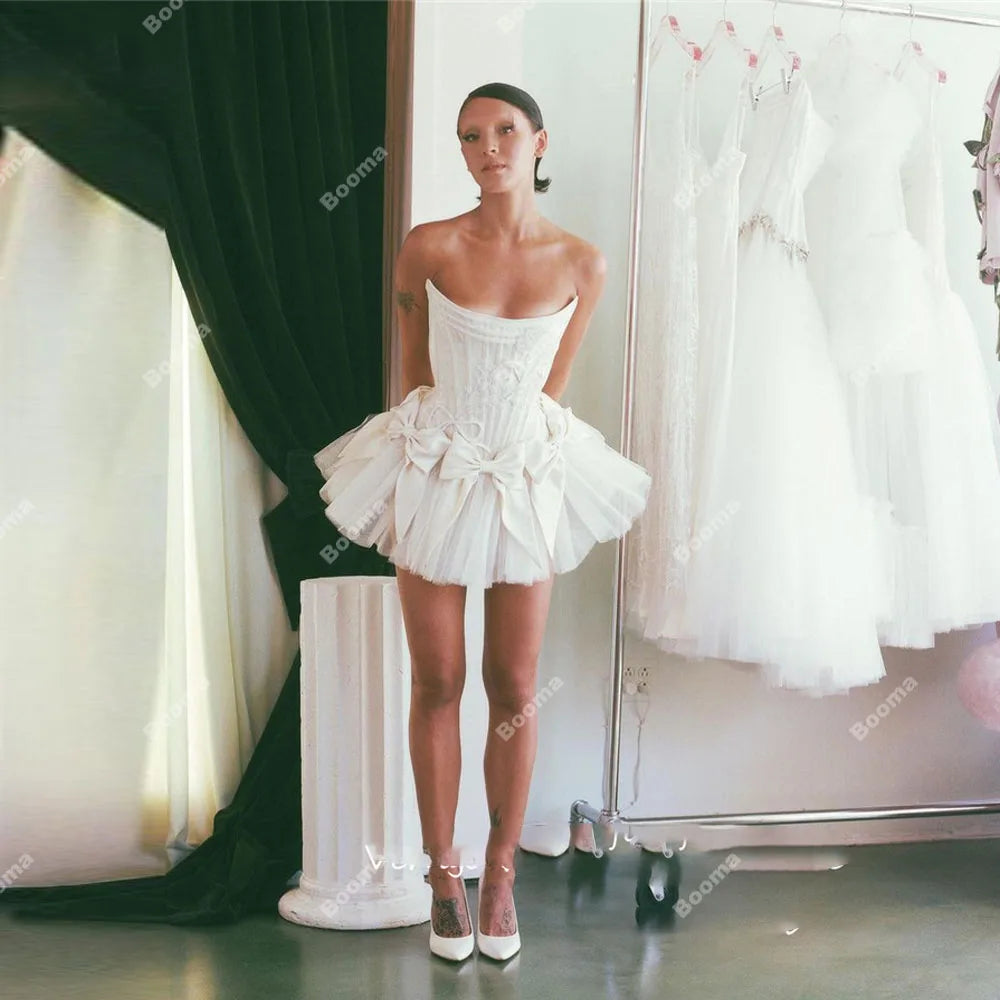 White Bridesmaid Dresses: Booma Princess Short Wedding Party Dresses Bow Front