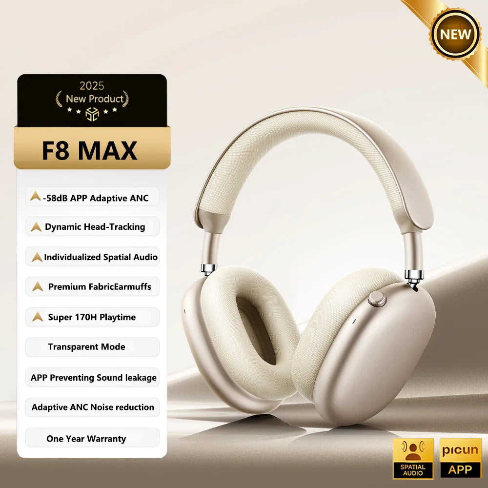 Picun F8 Pro ANC Wireless Headphones 3D Spatial Audio Head Tracking -52dB ANC HIFI Bluetooth Headset ENC HD Mic Low-Latency APP