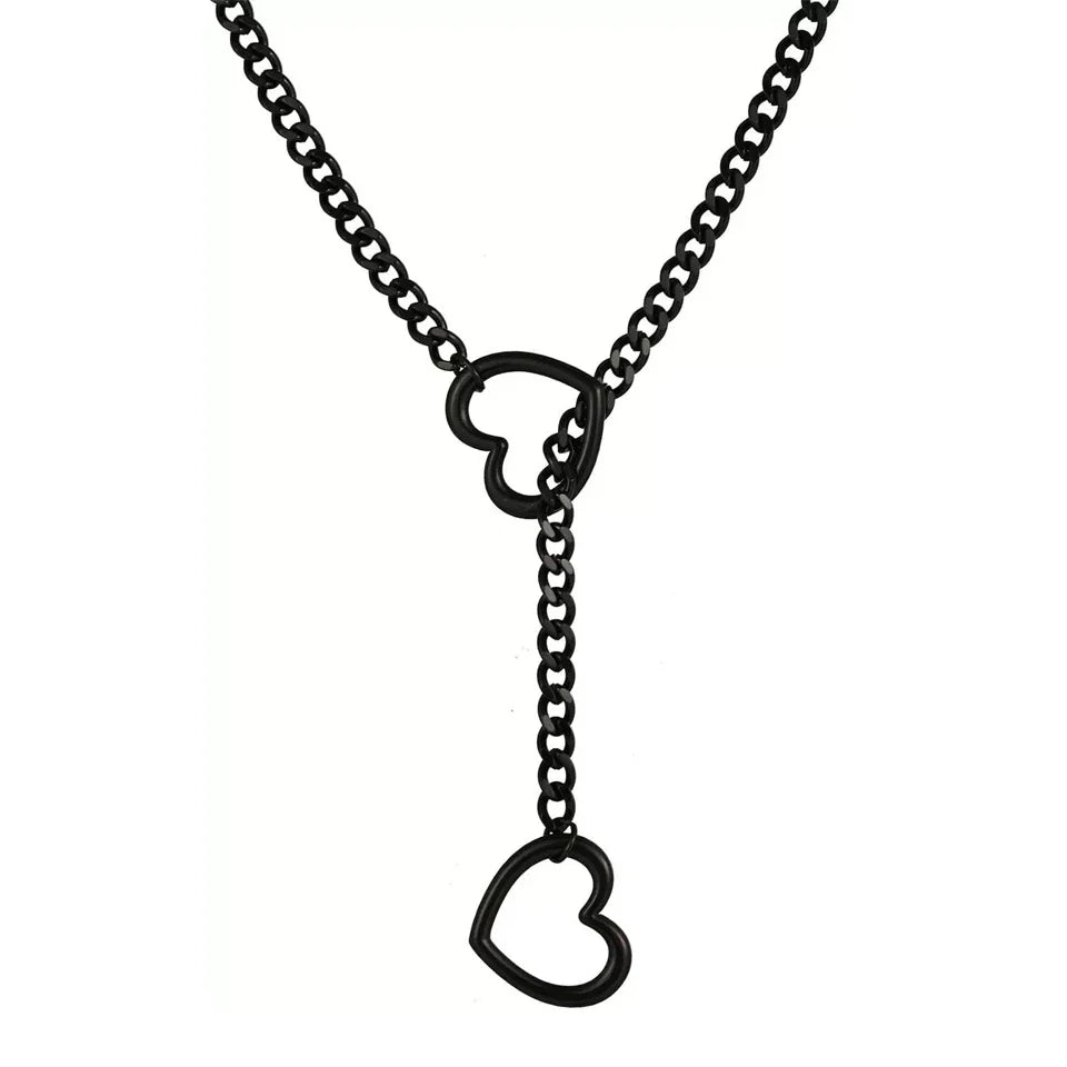 ZAKOL Adjustable Stainless Steel Cuban Link Necklace Hollow Heart Y-Shaped Necklace Punk Rock Style Party Accessories