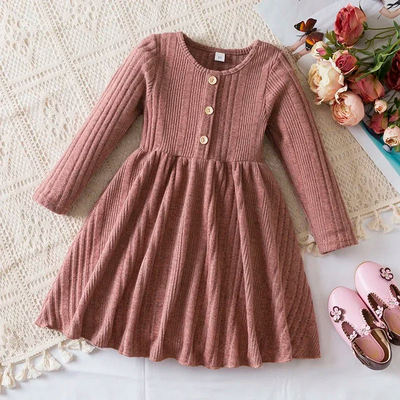 Girls Knit Dress for Autumn Winter Long Sleeve Kids Princess Dress Solid Fashion