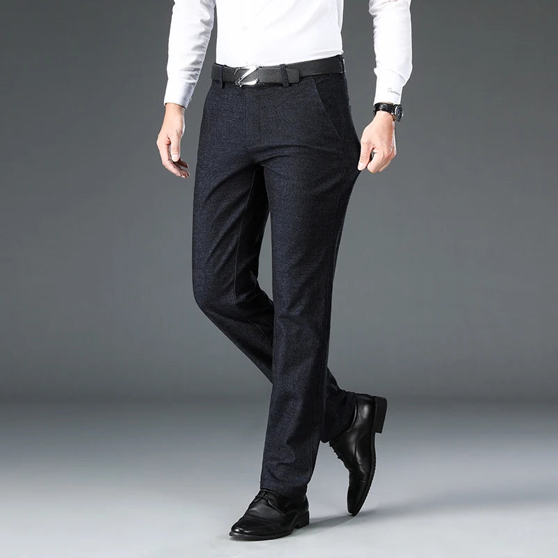 Men's Suit Trousers Cotton Loose Straight Pants for Male High Waist Elastic Black