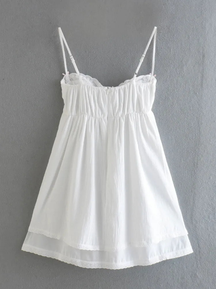 2022 Sexy White Spliced Embroidery Lace Bra Corset style Mini Dress Women Backless Party Skater Short Sling Robe Holiday