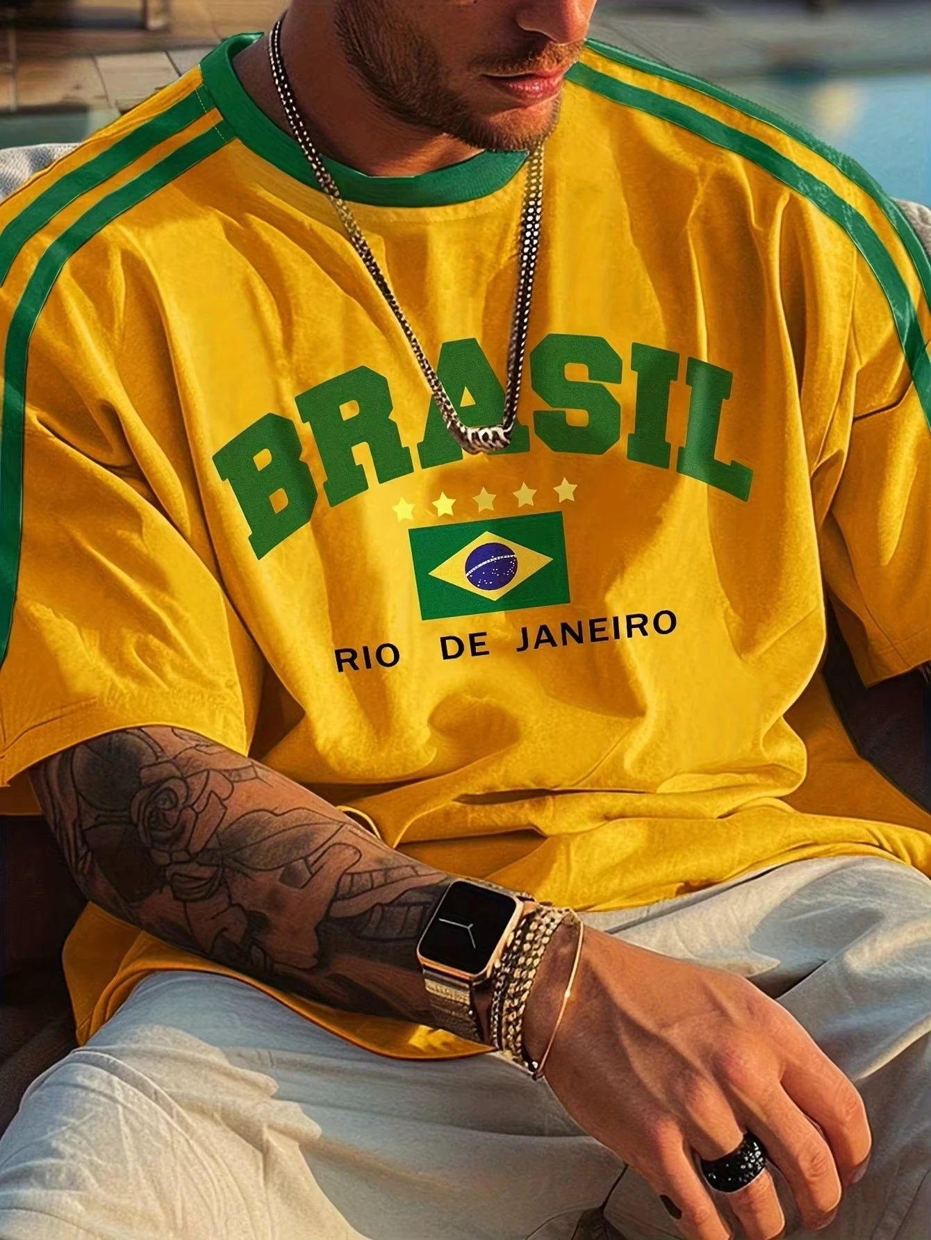 2025 Summer New Five Star Brazil 3D Printed Men's Short sleeved O-neck T-shirt Retro Casual Sports Oversized Top