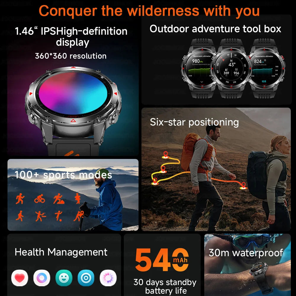 Outdoor Military Smart Watch Men Built-in GPS 1.46" AMOLED Compass