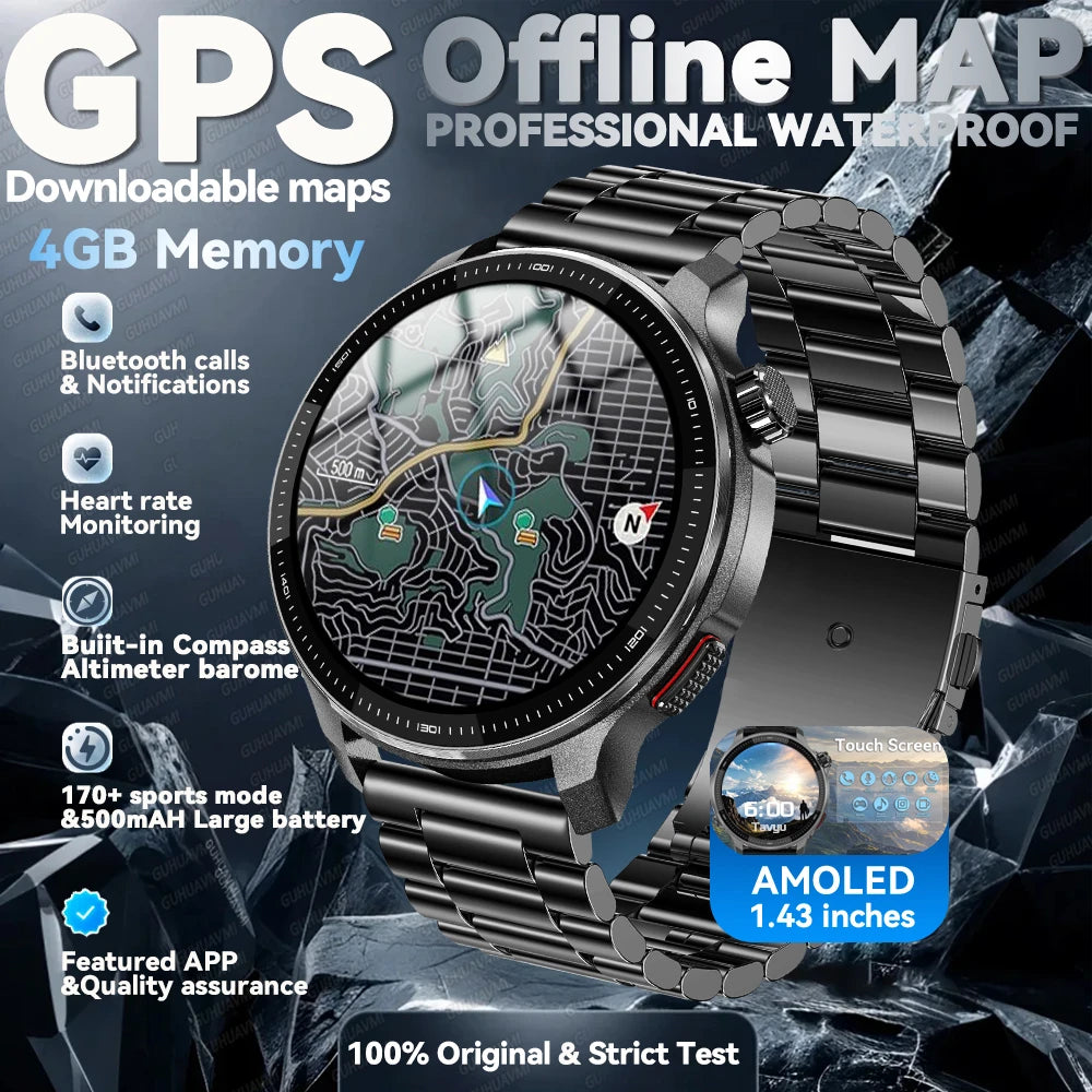 NEW GPS Offline Maps Smart Watch 1.43" AMOLED Military Sports Smartwatch 4GB Memory Video Player 30m Swim Waterproof Bracelet