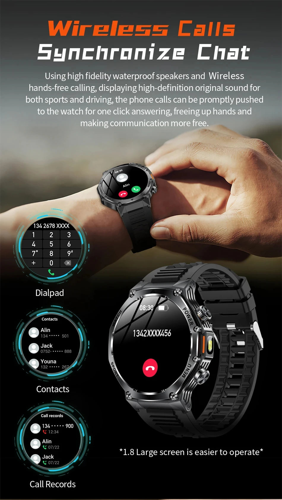 Rugged Outdoor Sports AK82 Smartwatch 1.85" HD Touchscreen 800mAh Long Battery Life Fitness Tracker Calorie Distance Smart Watch
