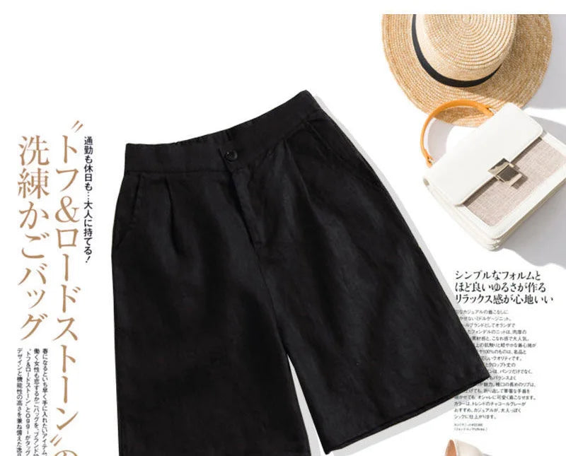 Khaki Solid Casual Linen Cotton Elastic High Waist Wide Leg Button Loose Women's Shorts Korean Fashion Summer Shorts Women 2024