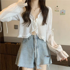 Sweet Ruffle Lace Up Cardigan Women Summer Long Sleeve Sunscreen Jacket