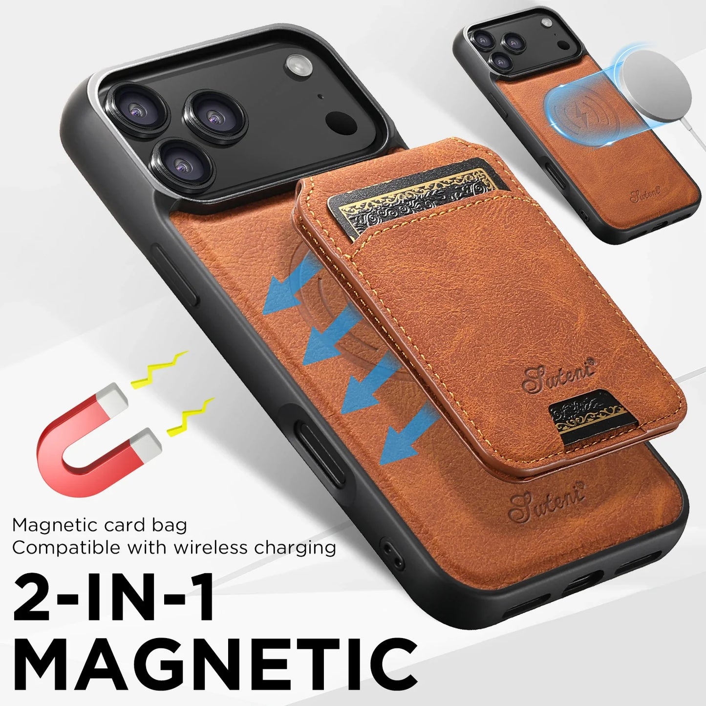 SUTENI Wireless Charging Phone Case Magnet Card Holder Stand Faux Leather For iPhone 17 Pro Max 16 Plus 15 14 13 12