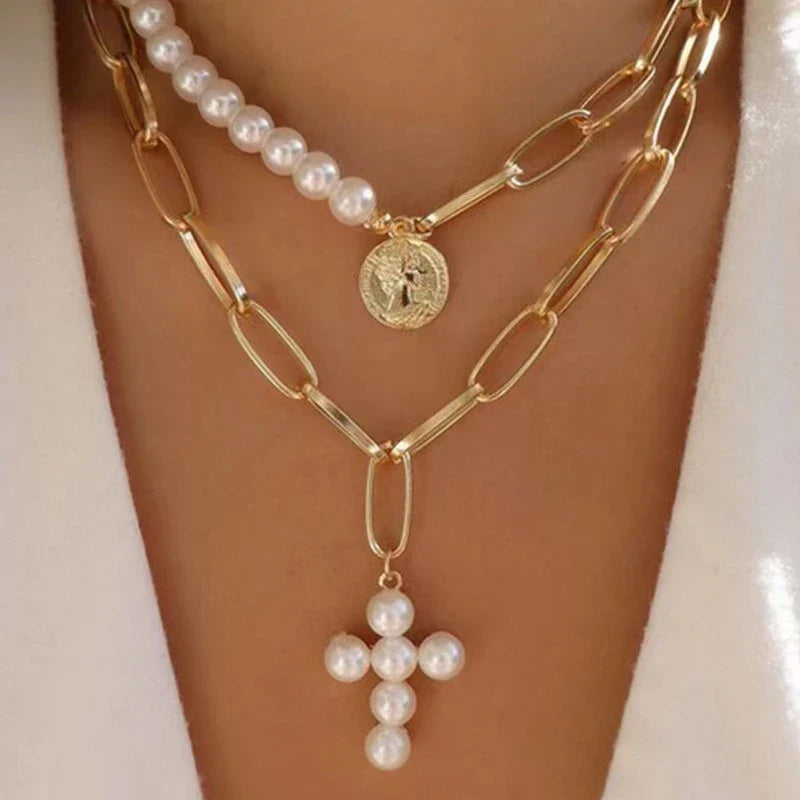 Classic Pendant Necklace for Women Micro Zircon Turkish Lucky Evil Eyes Palm Cross Pearl Multilayer Metal Chain Choker Jewelry