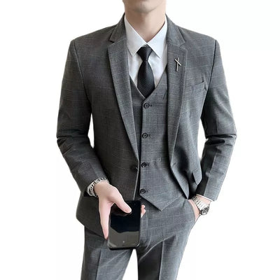 ( Jacket + Vest + Pants ) High-end Brand Boutique Fashion Plaid Men's Casual Business Suit Three-piece Set Groom Wedding Dress