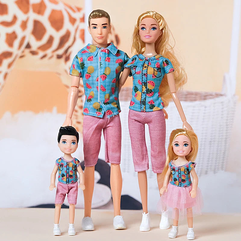 1/6  FamilyDoll Toy Set of 4 People Mom Dad Kids 30cm Barbies Doll Full Set With Clothes for Education Birthday Gift