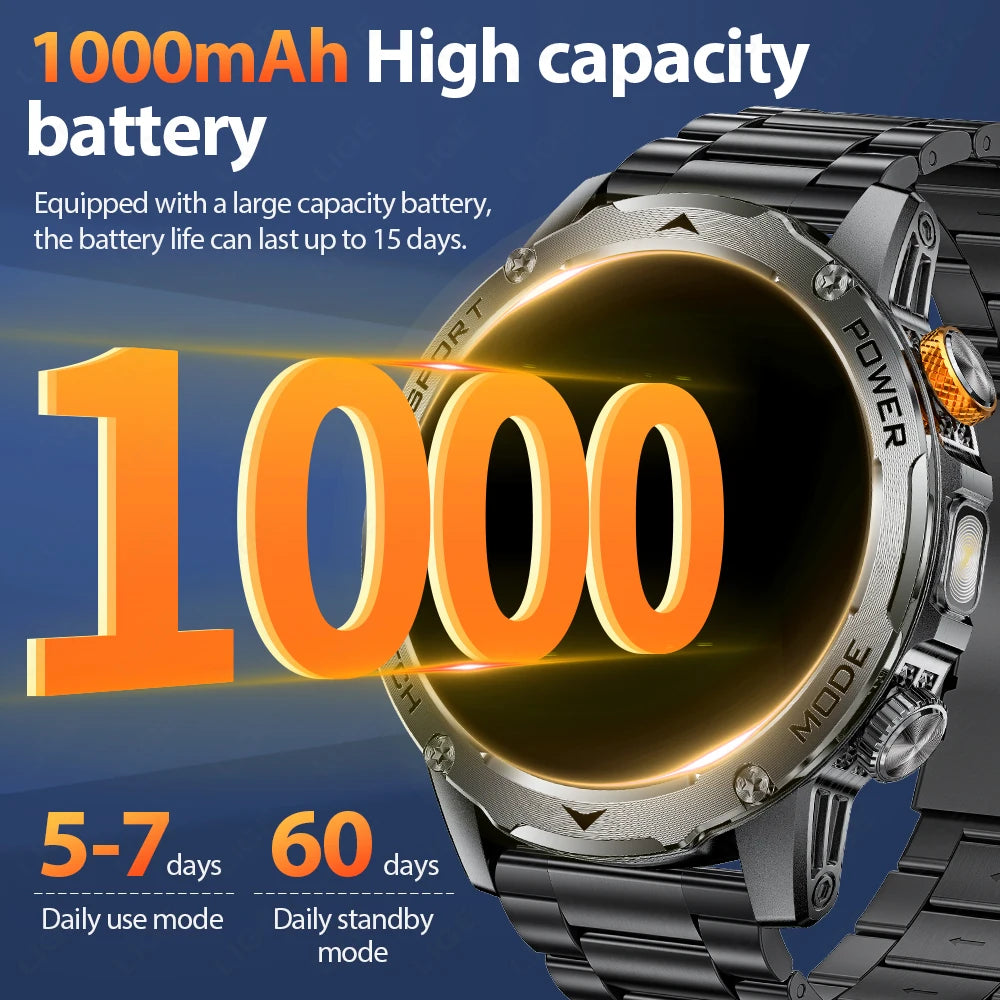 LIGE Military Smart Watch Men 1000mAh Battery Outdoors LED Flashlight Waterproof Heart Rate Sport BT Call 1.7" AMOLED Smartwatch